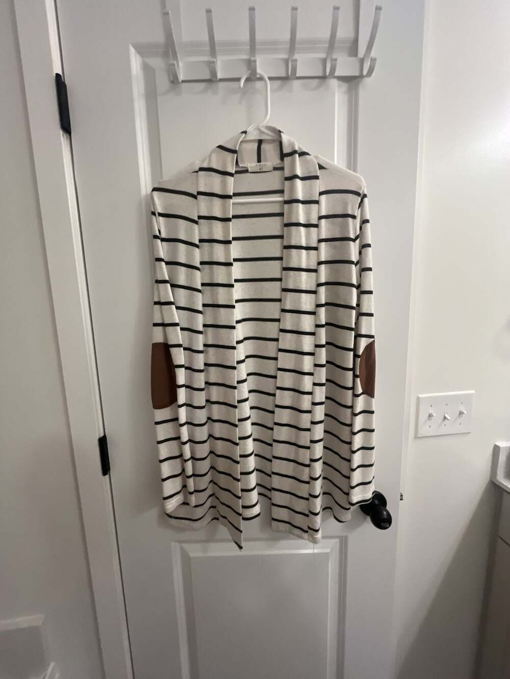Always Me Striped Open-Front Cardigan with Elbow Patches